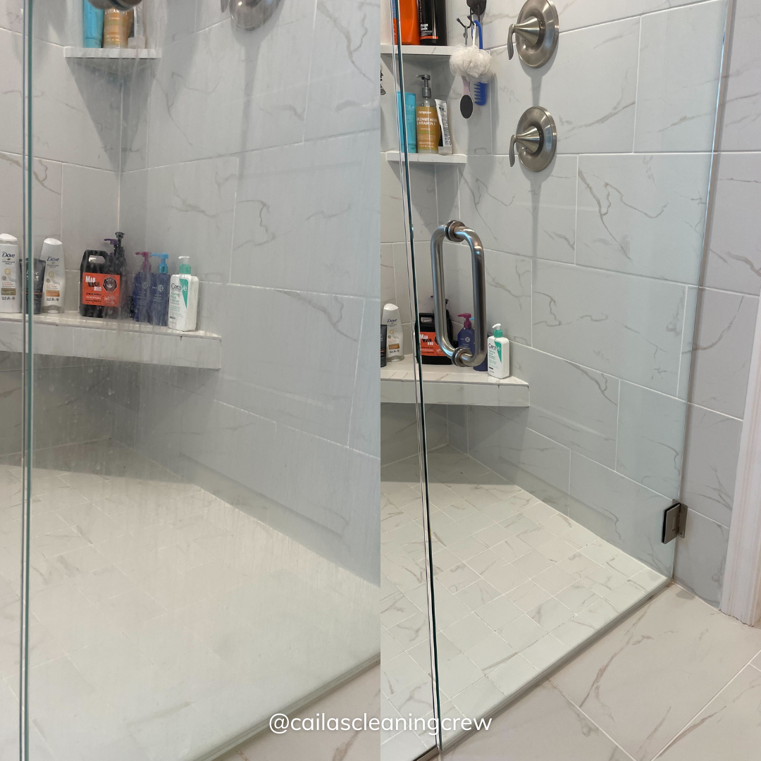 a bathroom with a walk-in shower and a mirror
