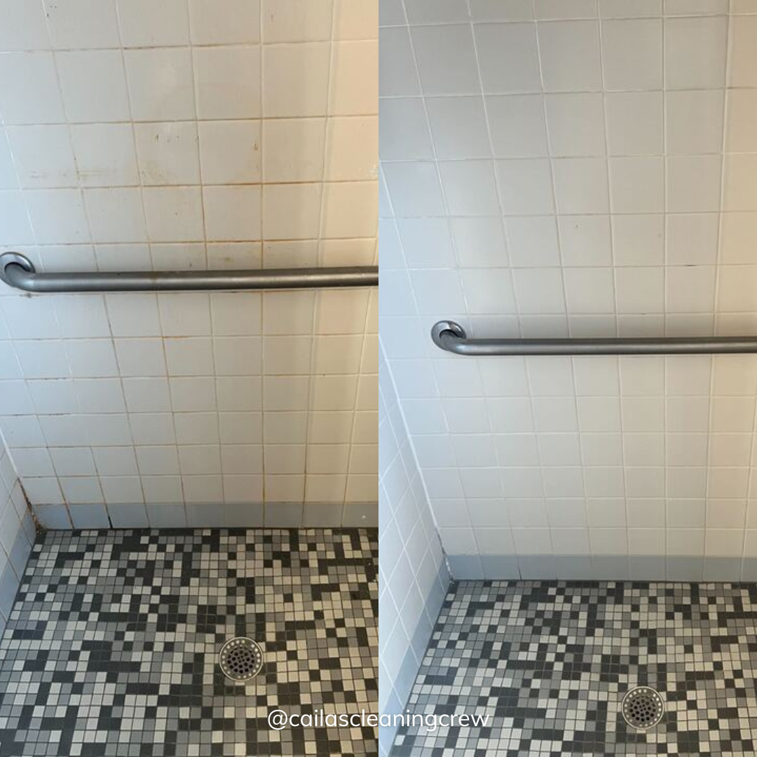 before and after photo of a shower tiles