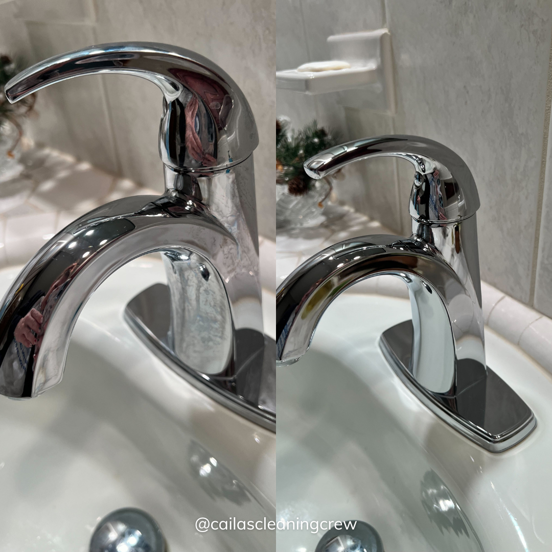 A before and after photo of a bathroom sink faucet.