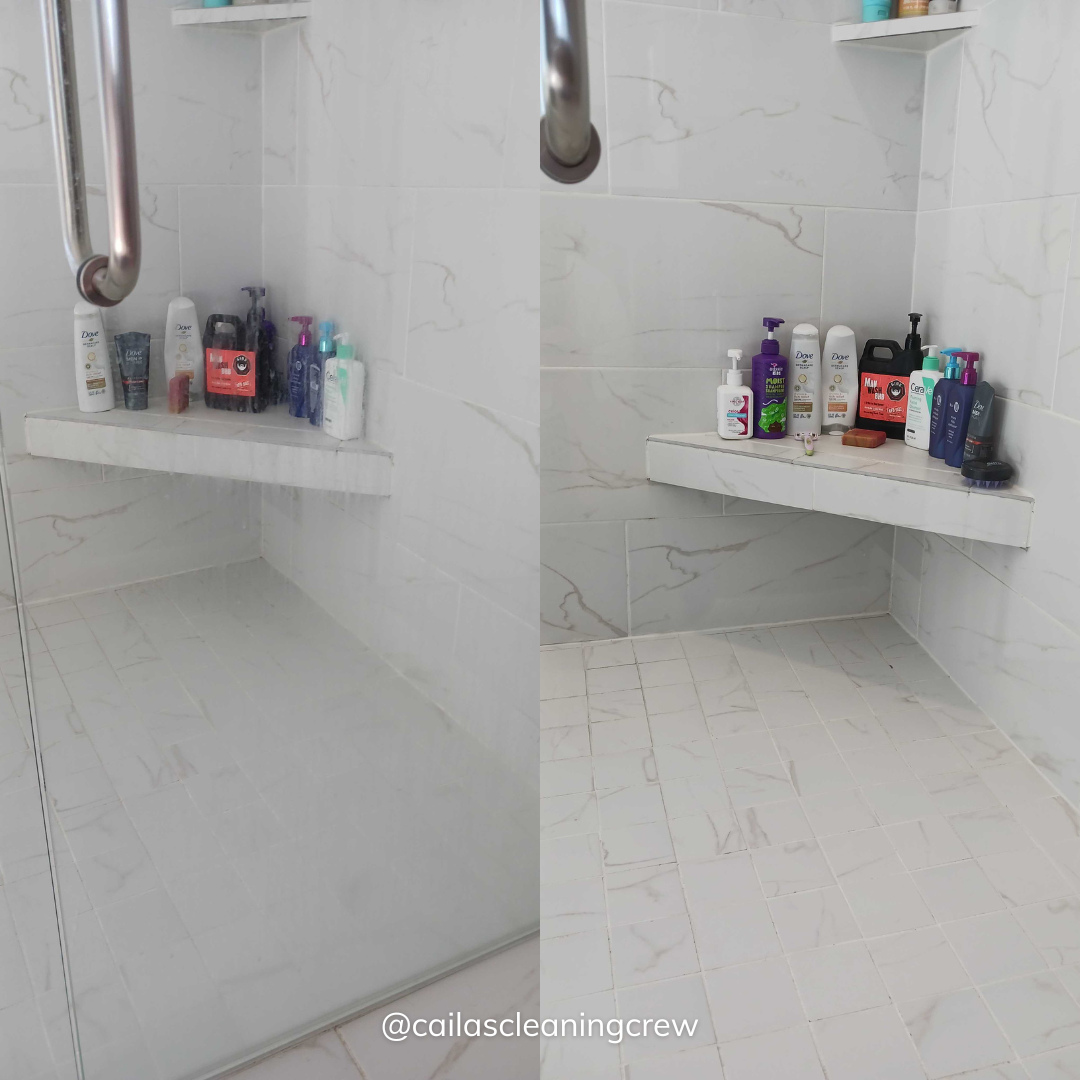 A before and after photo of a bathroom with a shower stall and a shelf.