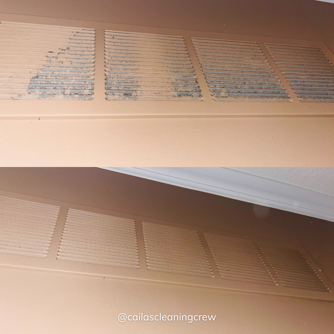 A before and after picture of a ceiling vent being cleaned.