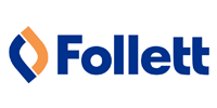 Follett logo featuring a dark blue stylized F shape next to an orange leaf shape, with the word Follett in dark blue.