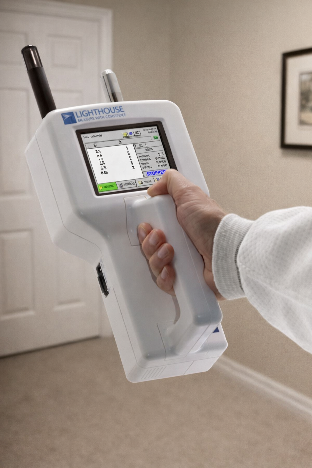 Handheld home security device with touchscreen being operated in a hallway