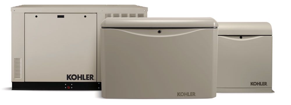 Three beige Kohler generators, arranged from large to small.