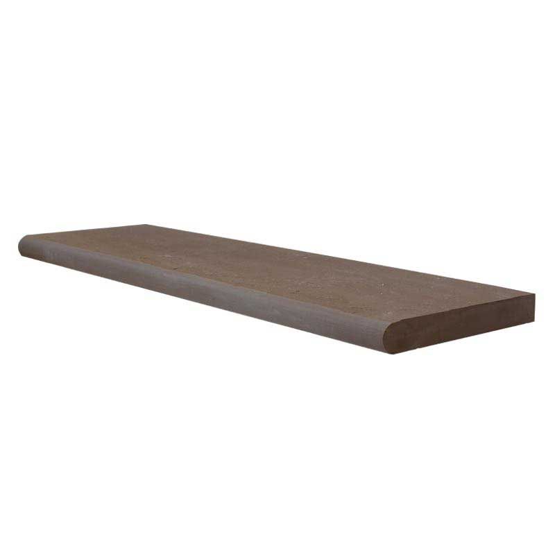 A brown wooden shelf on a white background.