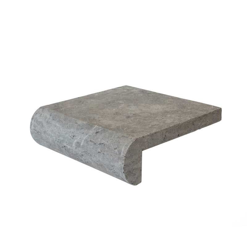 A concrete step with a curved edge on a white background.