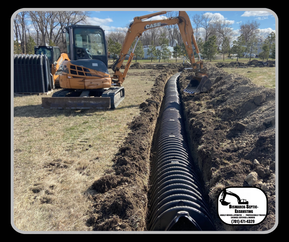A case excavator is digging a trench next to a large pipe.