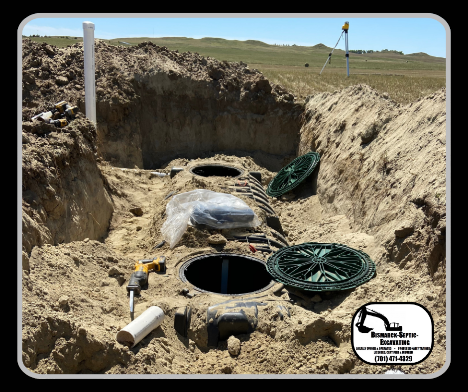A septic tank is being installed in a dirt field.