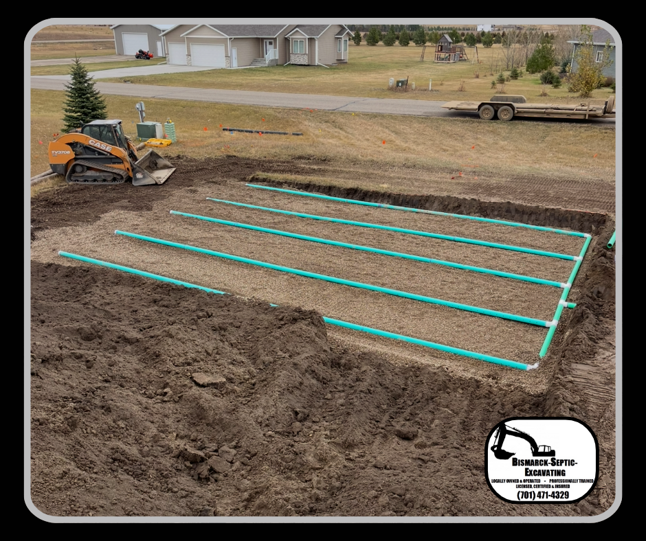 A septic system is being built in a yard with a bulldozer.