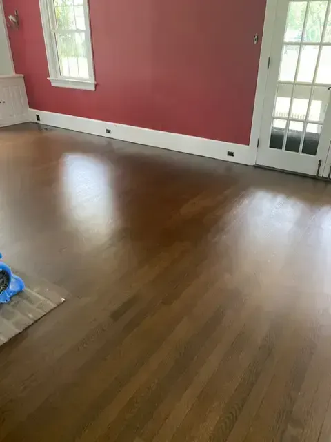 Empty room with red walls, hardwood floor, windows, and a white door.