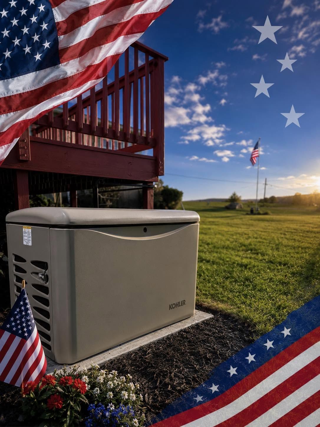 Lawton Power Systems, LLC sign flanked by two topiary decorations with red bows outdoors