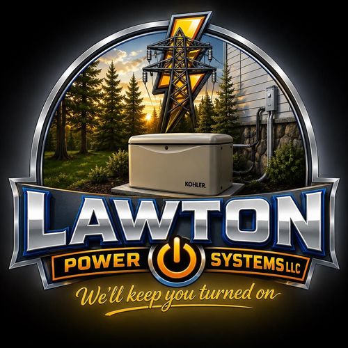 Lawton Power Systems LLC logo with power equipment, trees, and the slogan “We’ll keep you turned on”