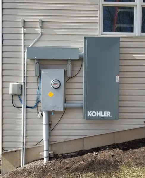 Outdoor electrical meter and gray Kohler generator cabinet on a house exterior wall.
