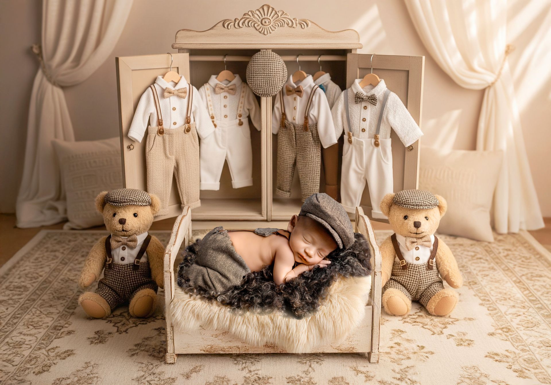newborn baby in a tan and brown outfit laying down on a bed surrounded by teddy bears