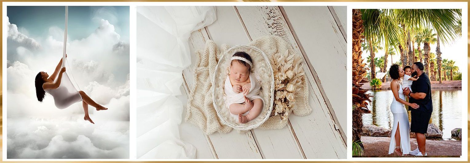 Soft baby milestone collage: infant in a swing, in a woven nest, and held outdoors under greenery