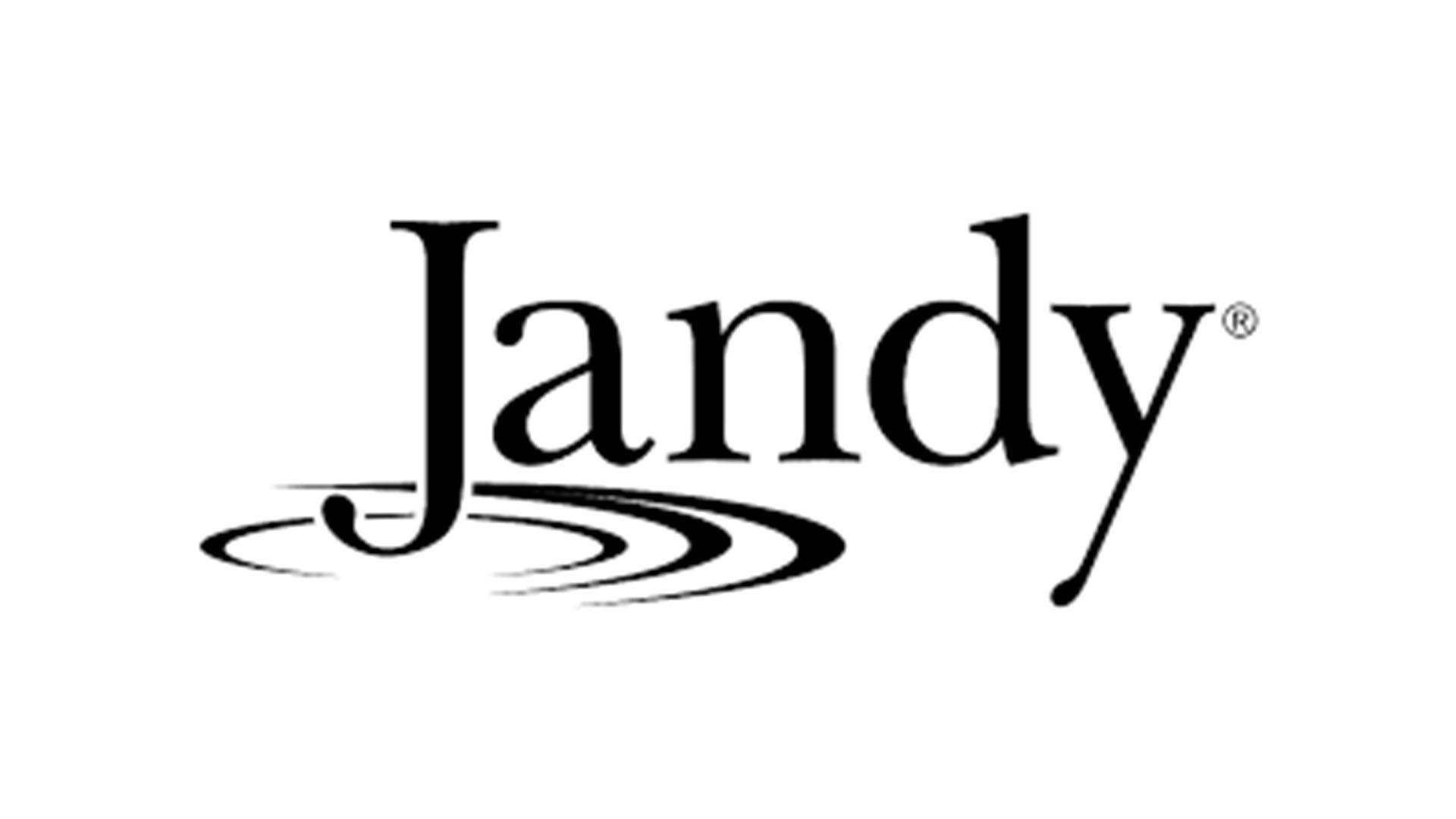 Jandy logo: Black text with stylized water ripples beneath, white background.