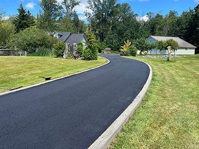 A curvy driveway leading to a house in the middle of a lush green field.