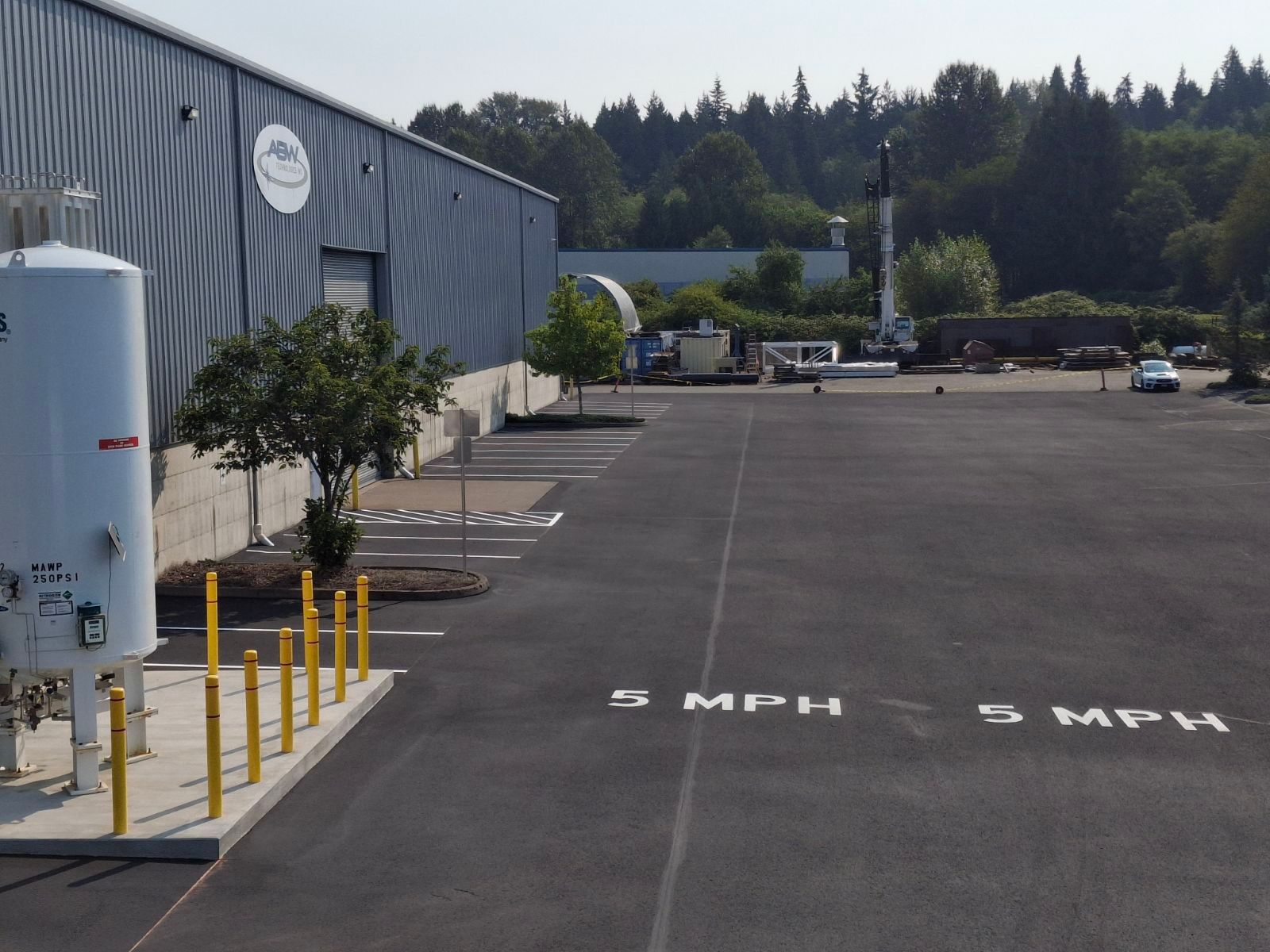 A parking lot with 5 mph written on it