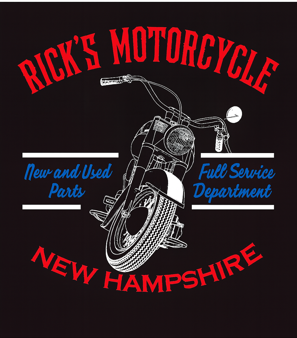 Red text on white background: "Rick's Motorcycle Enterprises."