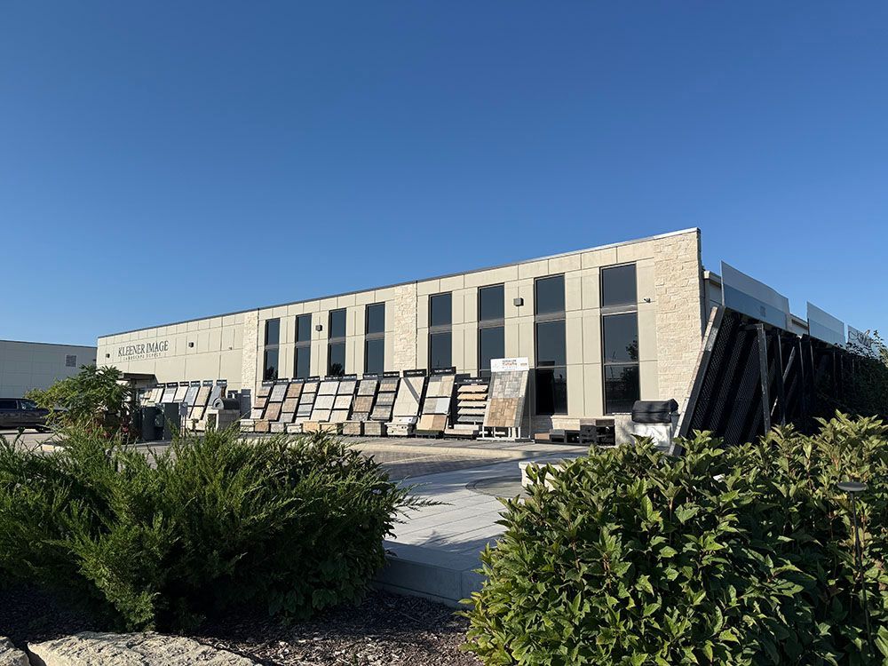 Building exterior with stone displays