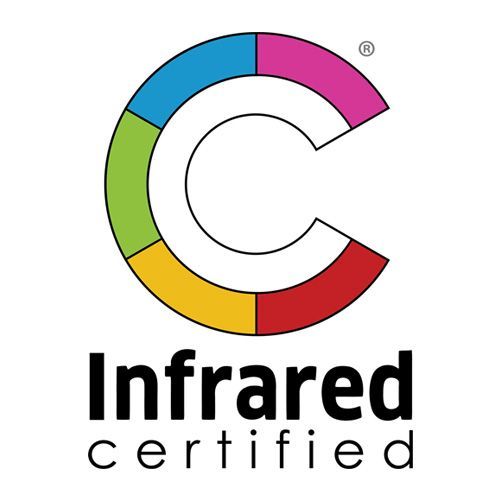 An infrared certified logo with a colorful circle in the middle