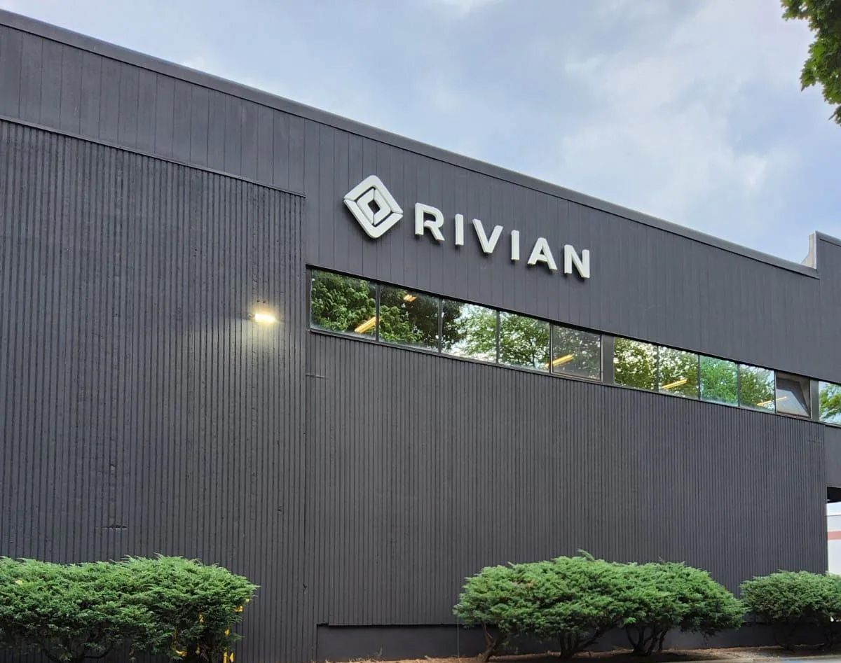 A building with the word rivian on it