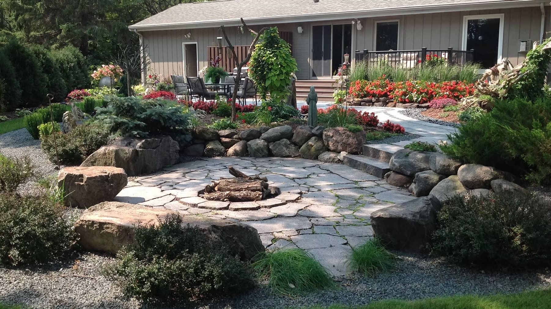 Landscaped backyard with stone patio, circular fire pit, shrubs, and a flower bed in front of a house