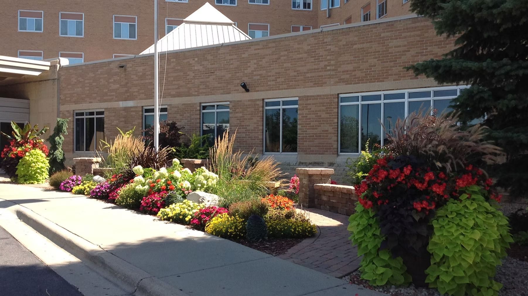 Sunlit hospital courtyard with colorful flower beds, brick building, windows, and a white shade canopy