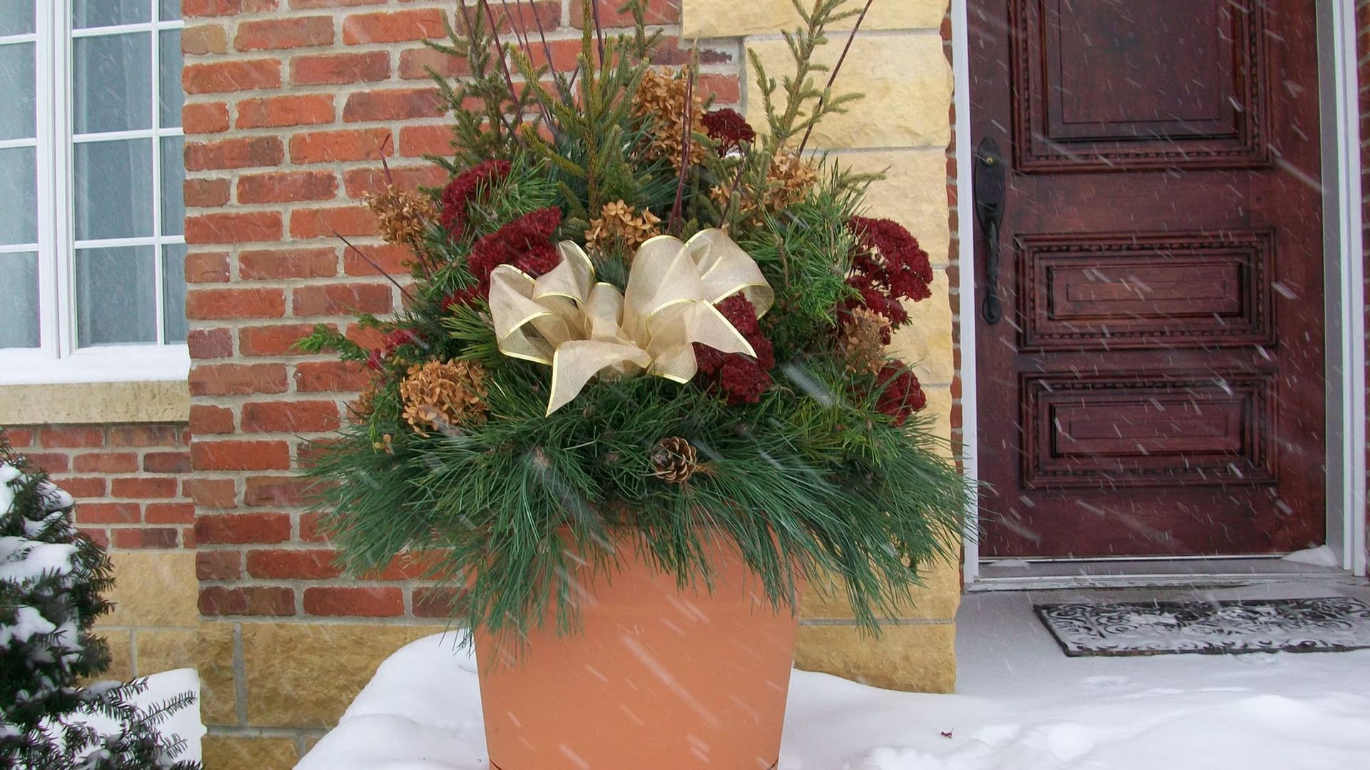 Potted holiday arrangement with red berries and a cream bow beside a brick house door in snow