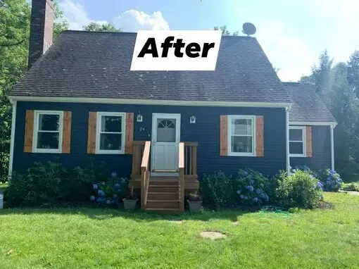 Renovated dark-blue house with white trim and front porch, labeled “After”