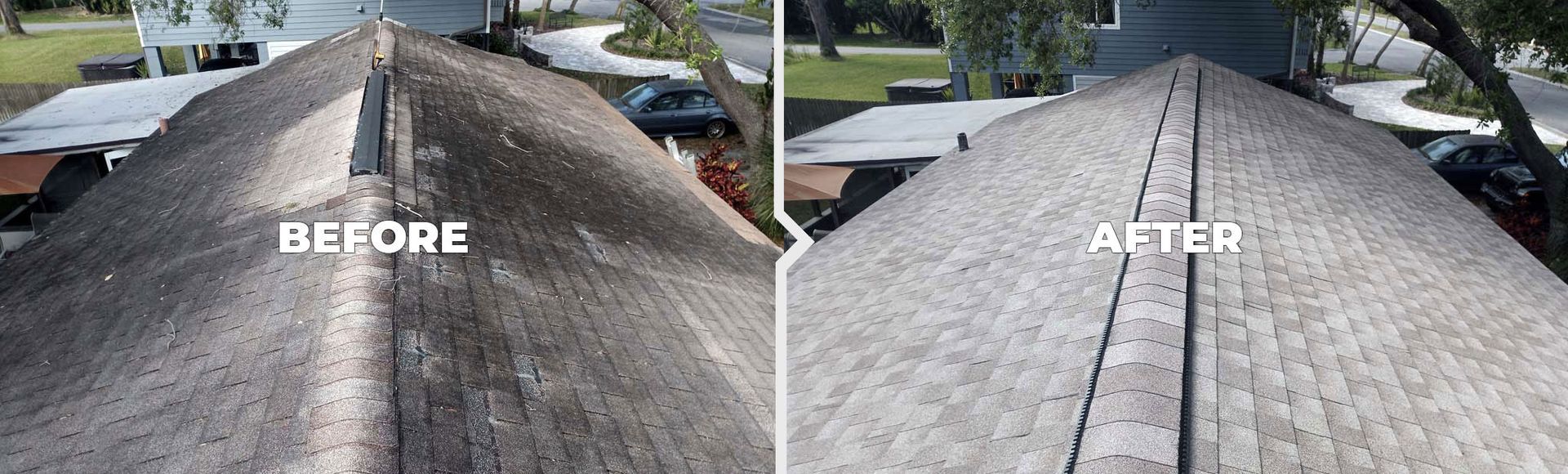 A before and after picture of a roof that has been cleaned.