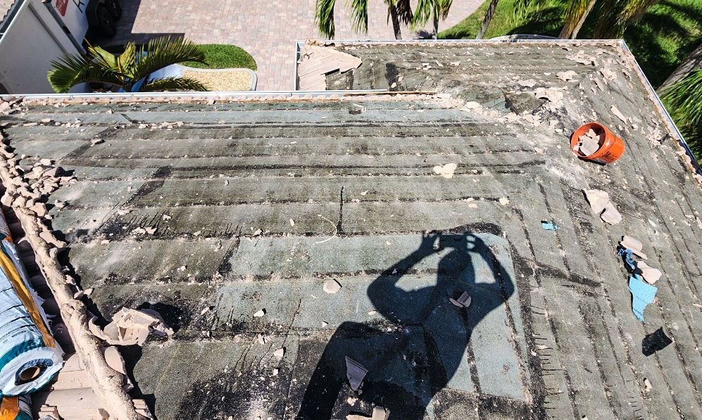 An aerial view of a roof with a shadow of a person on it.