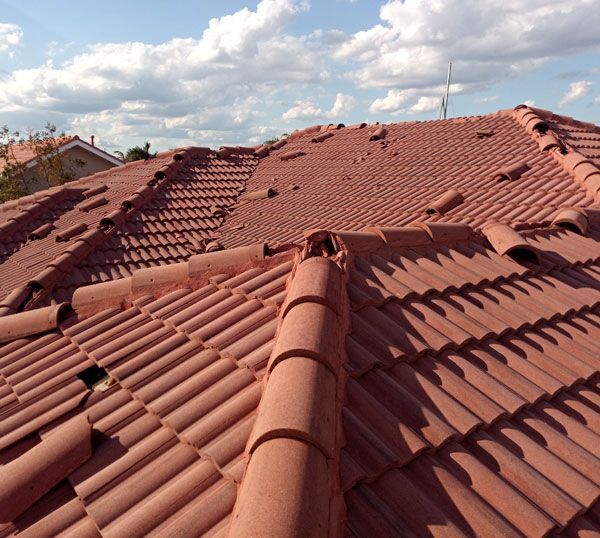 A red-tiled roof with a blue sky in the background