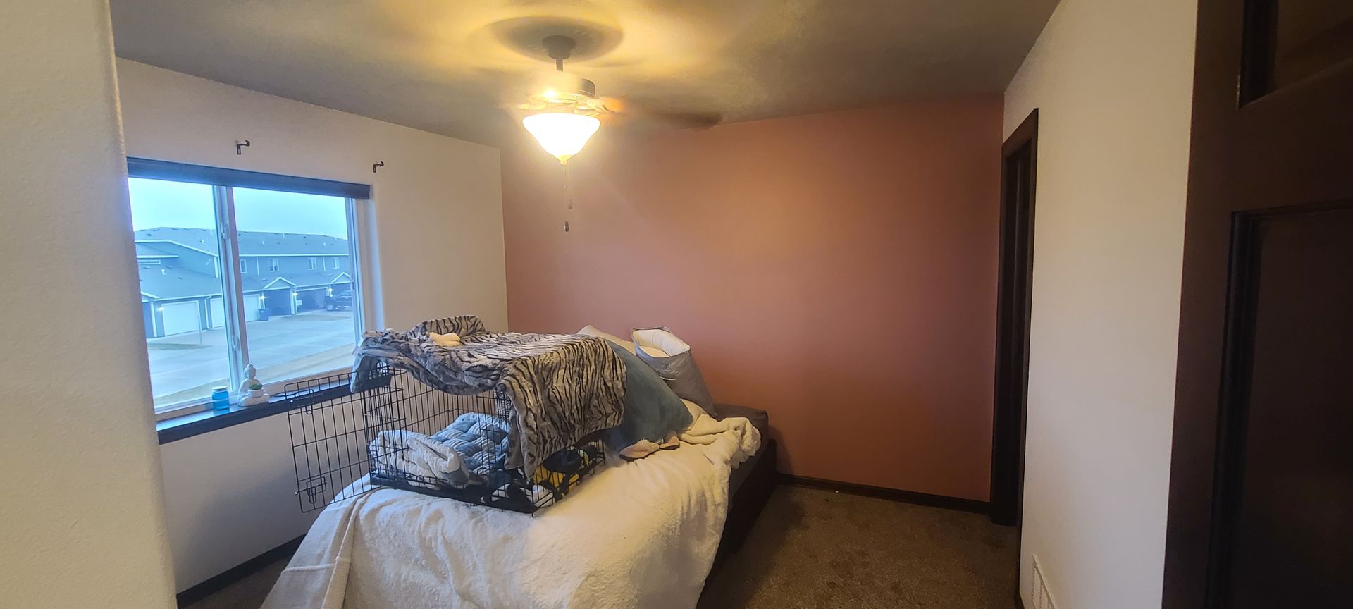 Bedroom with a bed, window, and pink wall. The bed is unmade. A ceiling fan hangs above.