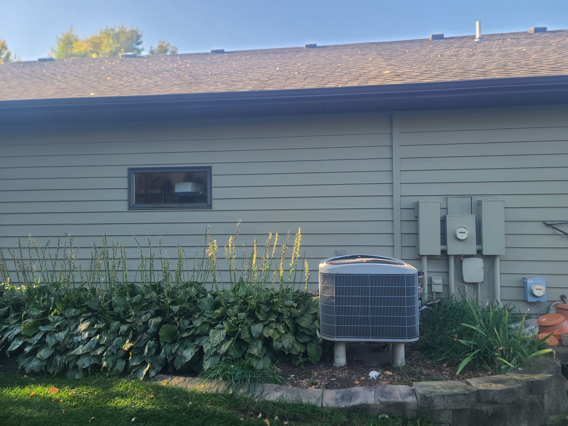 Back of a house with light green siding, air conditioning unit, window, and shrubs.