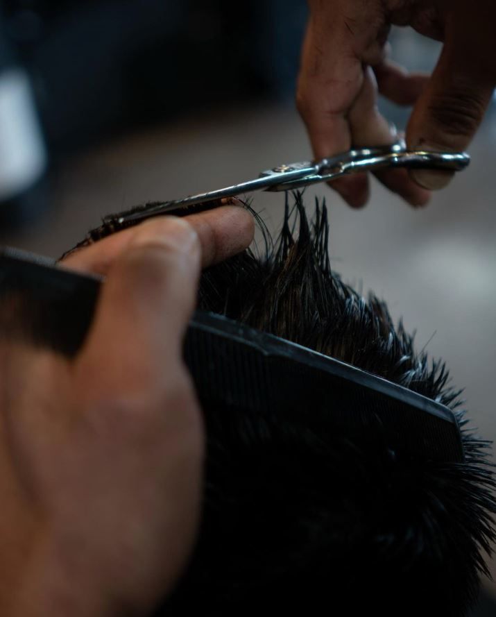 A close up of a person cutting their hair with scissors