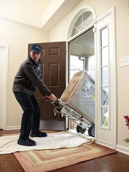 Delivery person moving furniture in a doorway; brown door, white trim, rug.