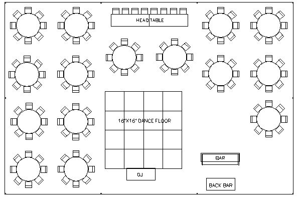A black and white drawing of a room with tables and chairs.
