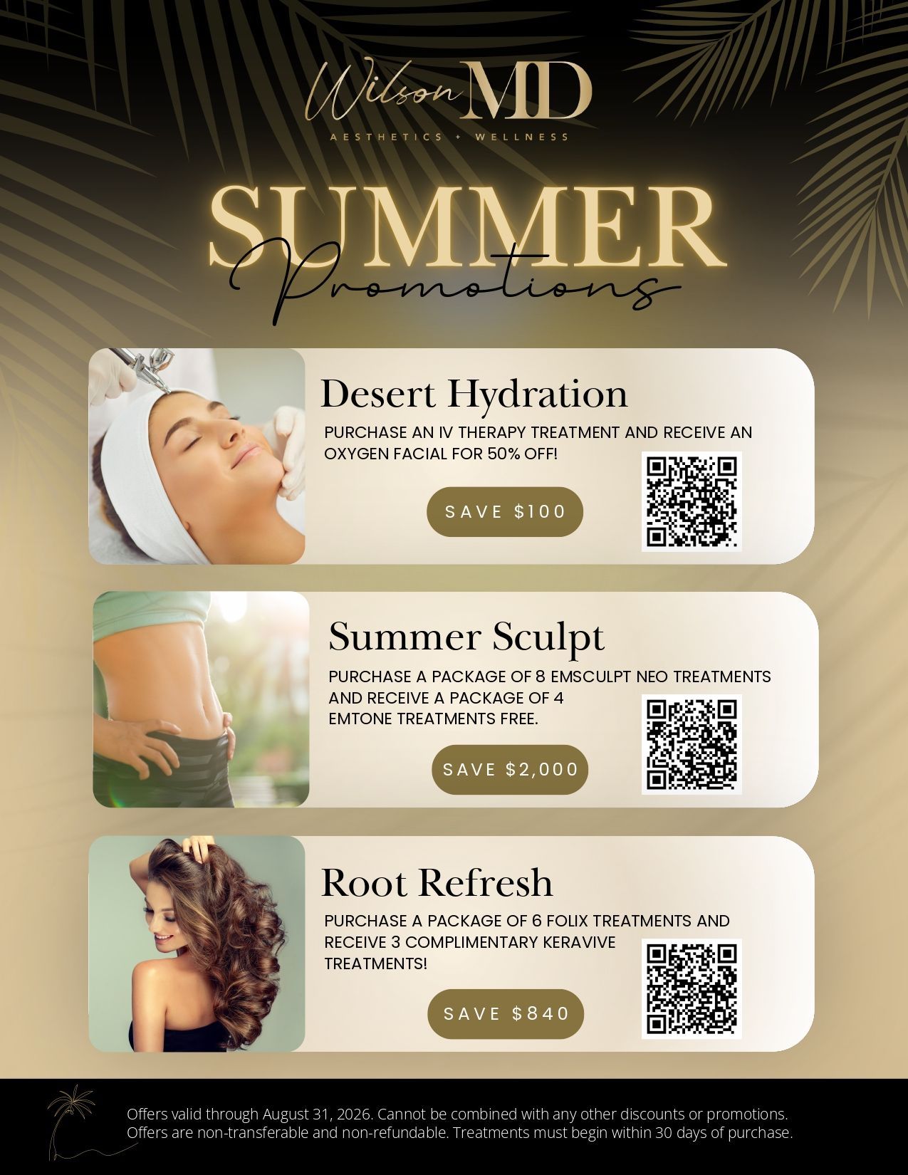 Summer Promotions ad with three treatment cards, gold text, and tropical leaf background