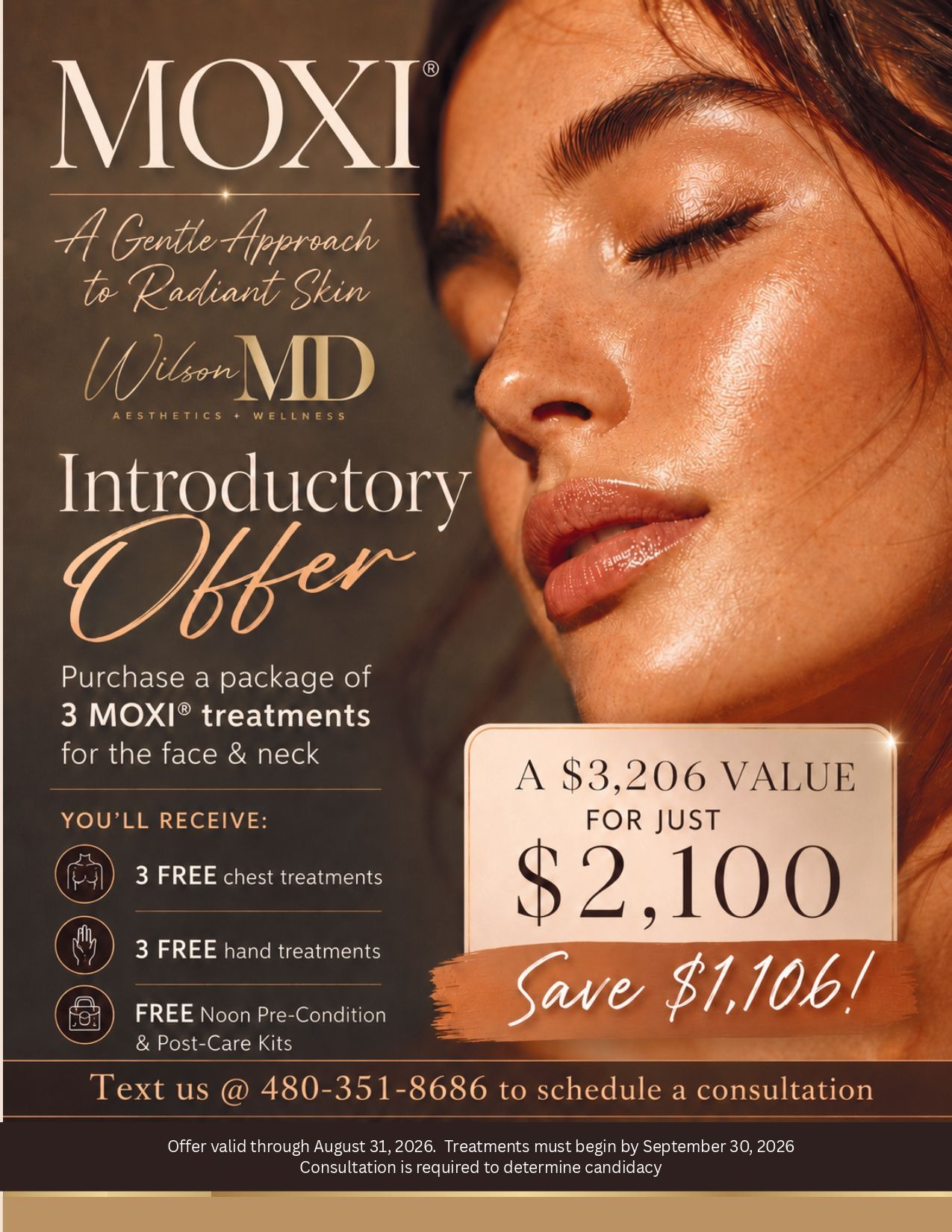 MOXI aesthetics ad with close-up face, introductory offer, and $3,206 value for just $2,100 special.