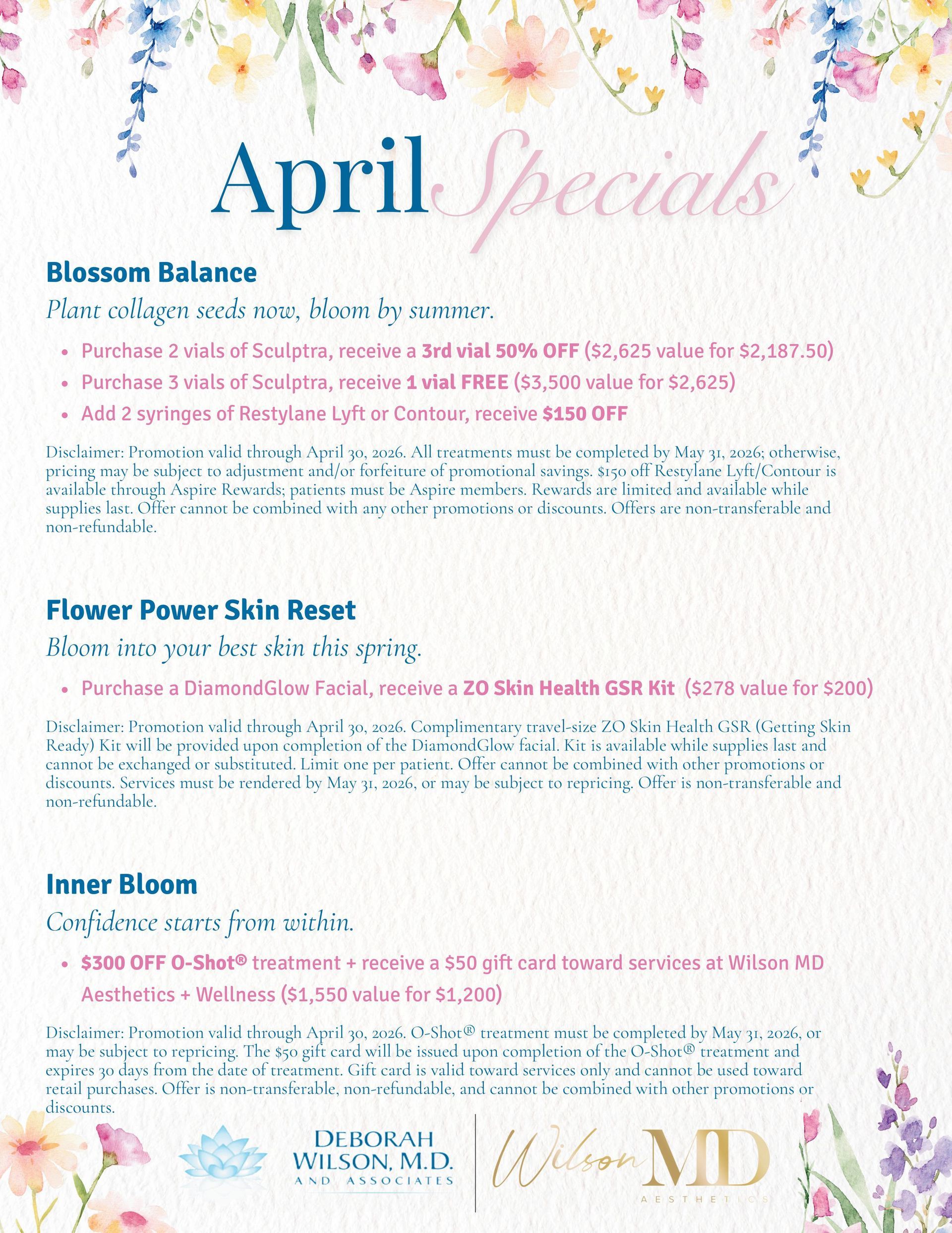 Flyer titled April Specials listing three spa packages with floral borders on a textured white background.
