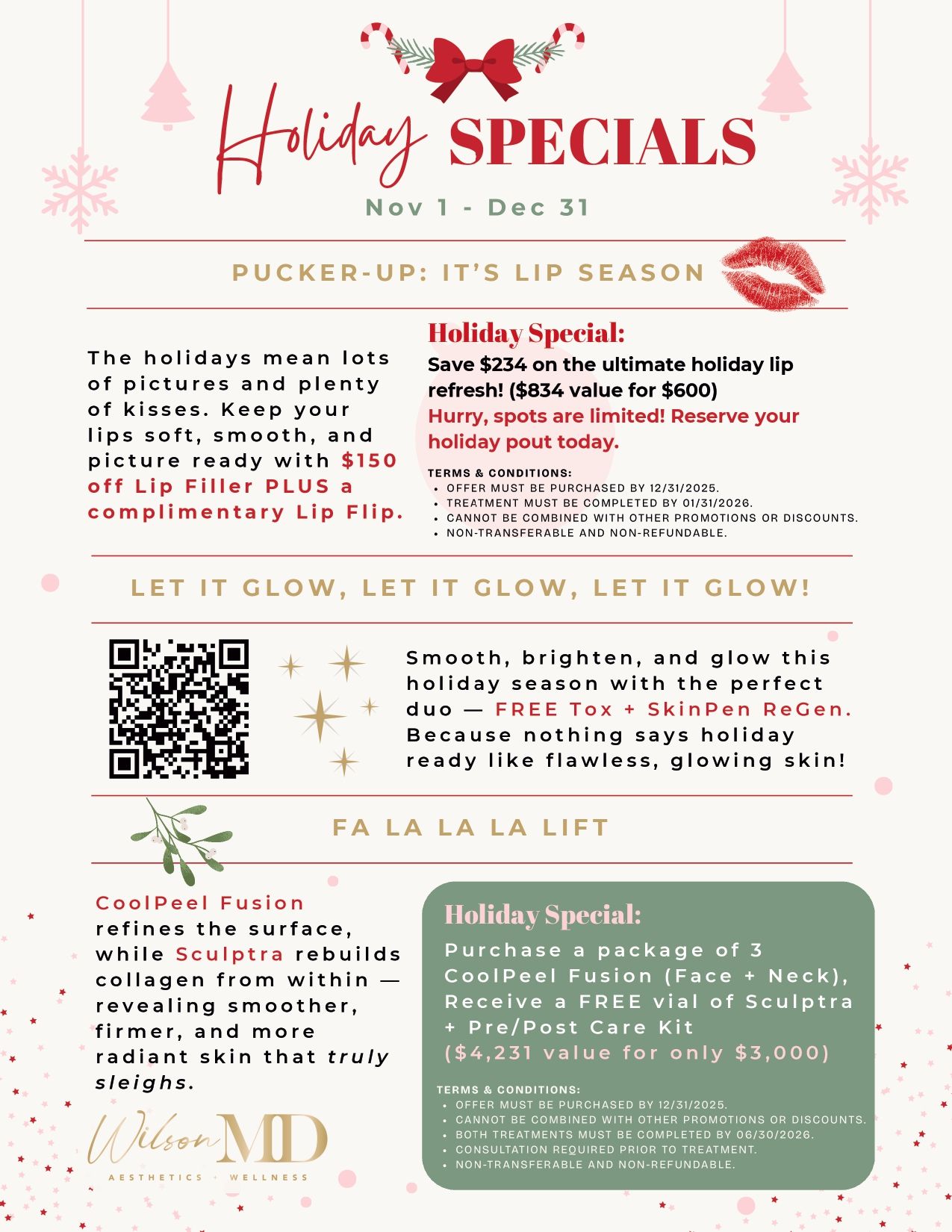 Holiday specials flyer: deals on lip fillers, skincare treatments. Includes QR code and contact info.