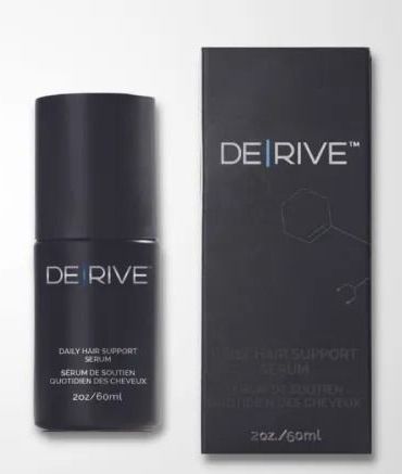 A bottle of de rive hair serum next to its box