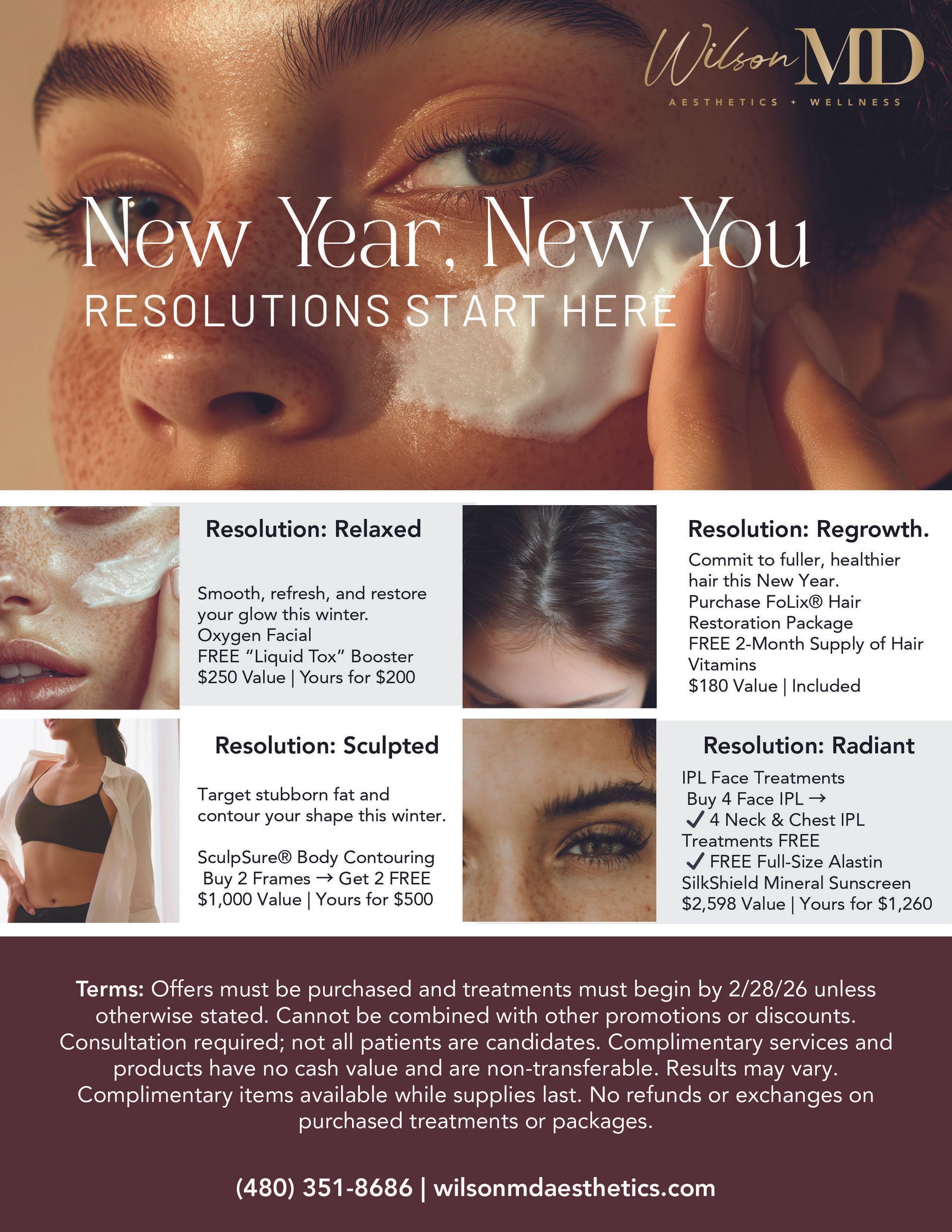 Promotional flyer for Wilson MD offering New Year's resolutions for beauty treatments.