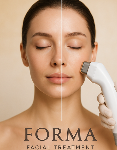 A woman is getting a facial treatment from forma