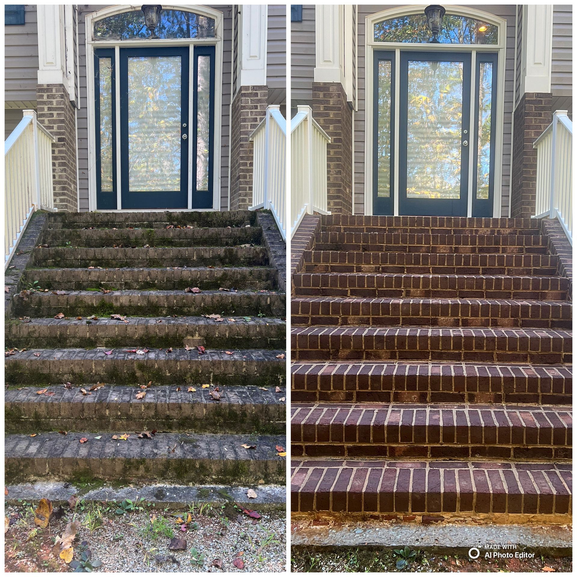Before and after of brick steps cleaned with power washer.  Dirty, covered in moss and clean, with vibrant brick.