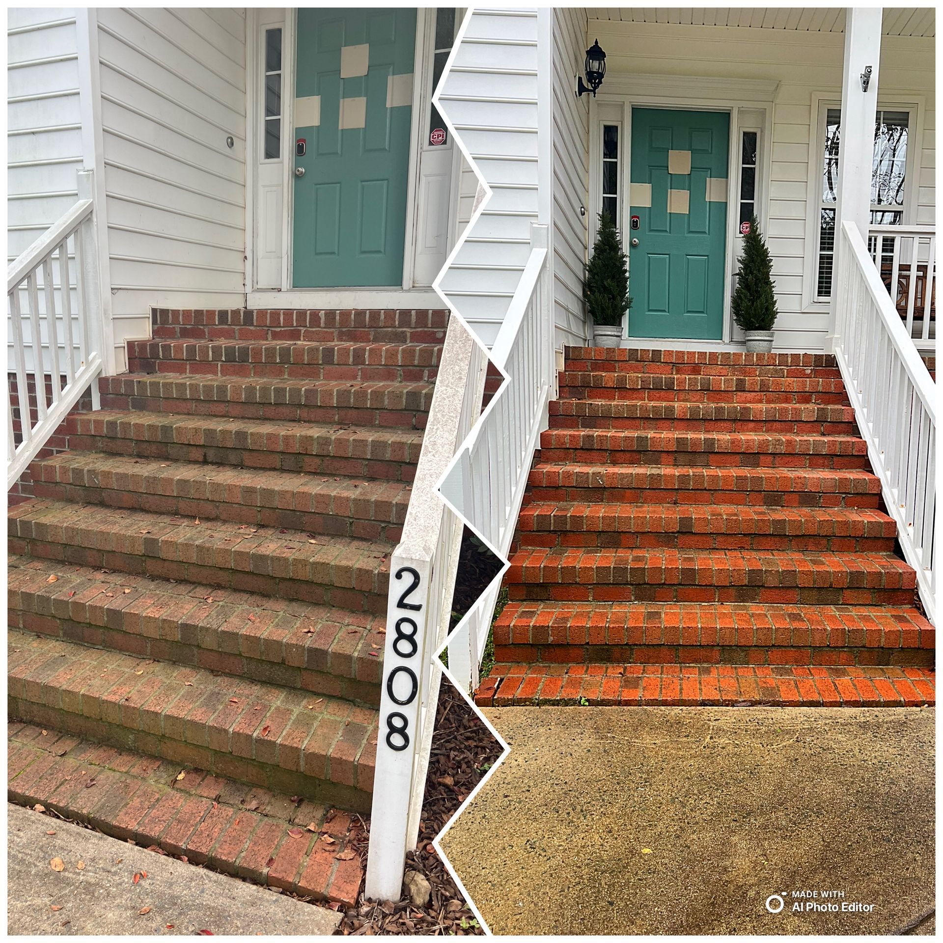 Before-and-after: Brick steps and concrete landing cleaned. White railing and teal door. 2808 house number.