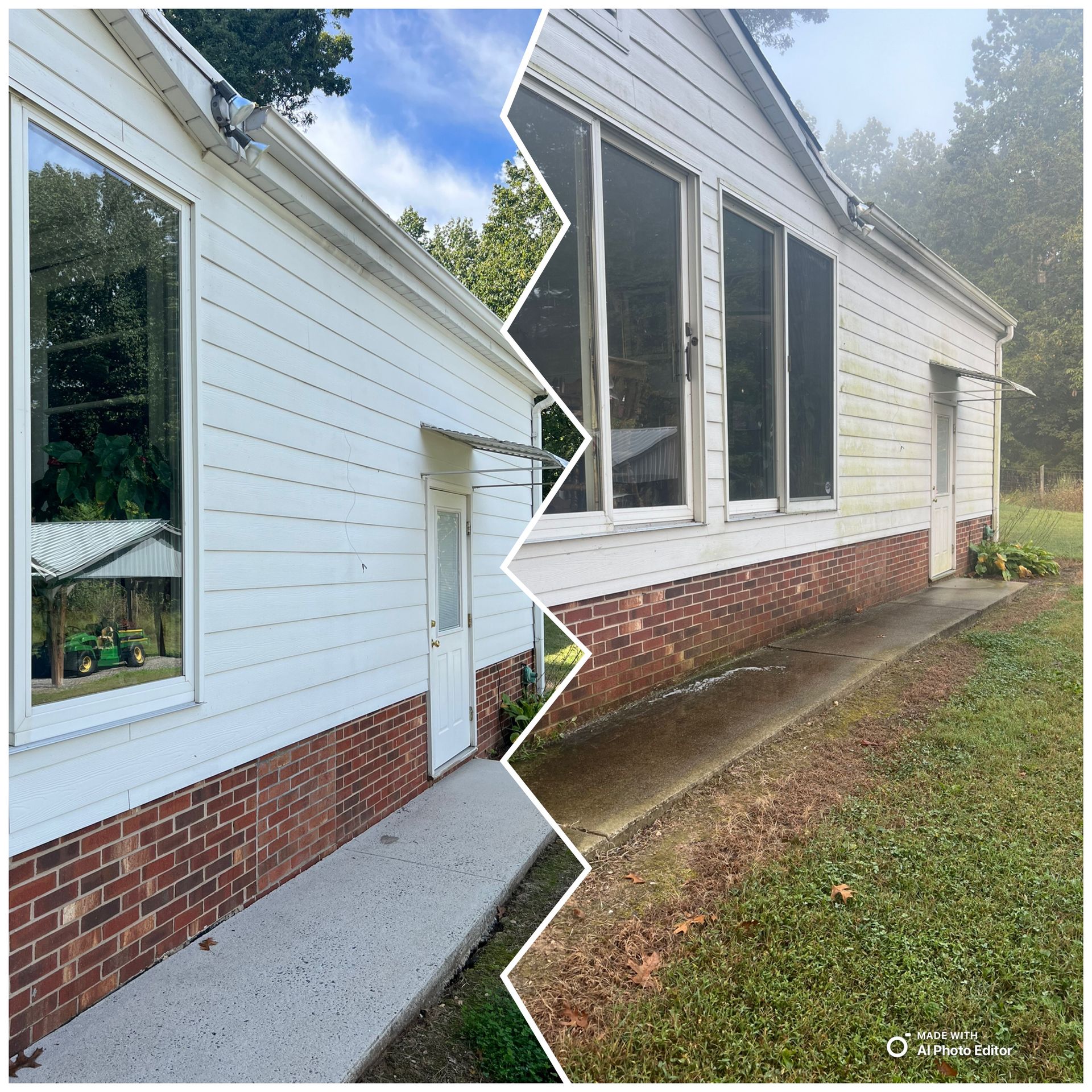 Side-by-side view of a white house with brick siding. One side clean, other dirty, showing pressure washing effect.