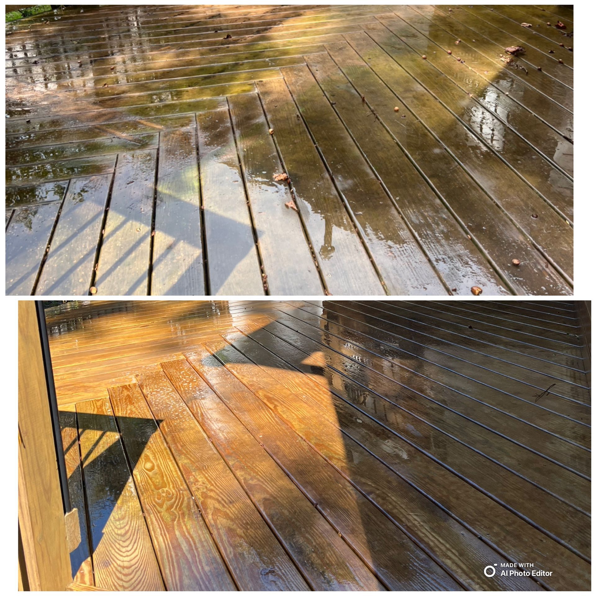 Two photos: wet wooden deck boards with visible grain; one photo is lighter, the other darker.