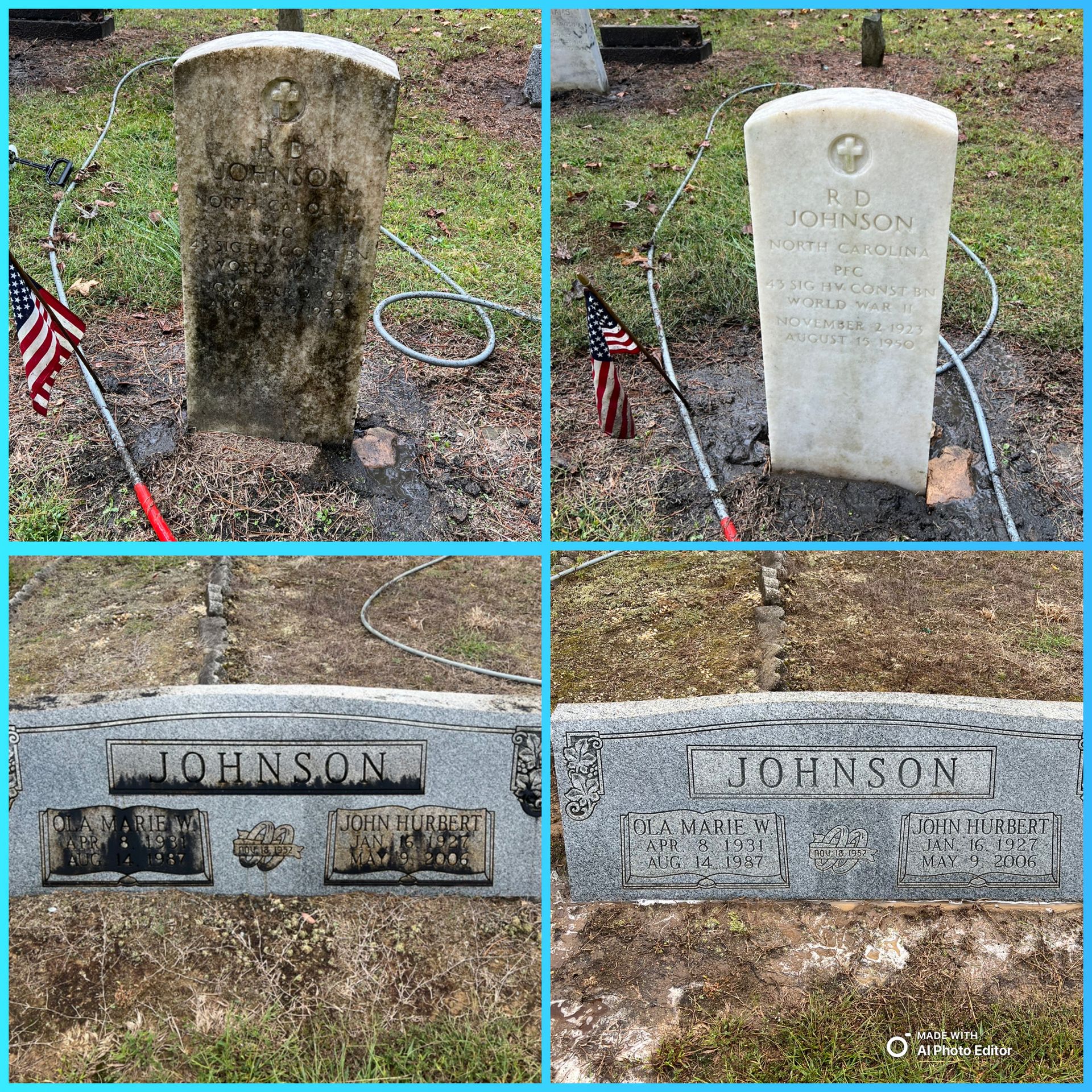 Before and after cleaning of headstones in a cemetery, showing removal of dirt and algae.